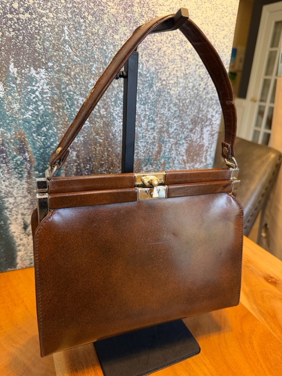 Vintage Mid Century Modern Brown Frame Bag Top Handle Leather Lined USA - Picture 16 of 16